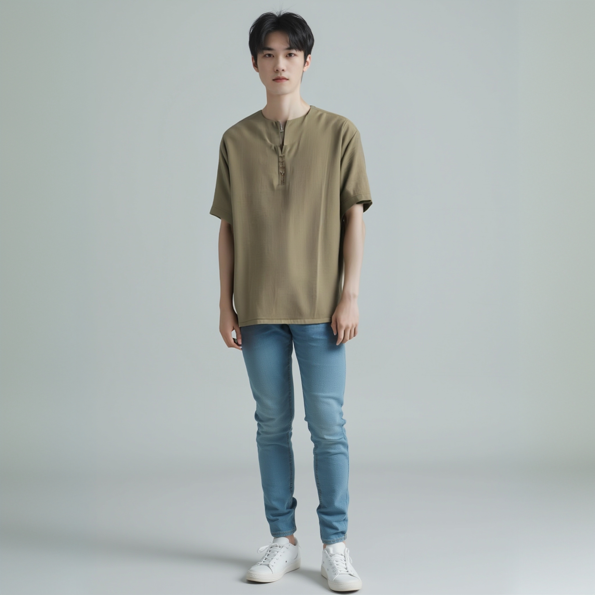 7290修身型夏季亨利领青少年短袖T恤半袖纯色时尚男装