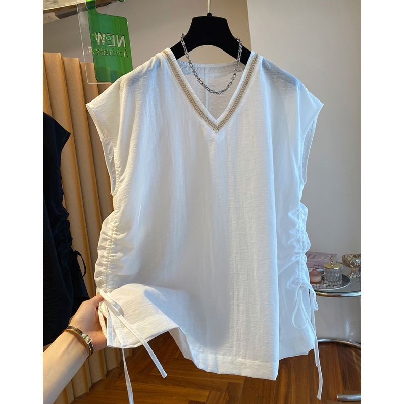 韩国高级感白色小飞袖V领t恤女夏装2025新款宽松时尚侧边抽绳上衣
