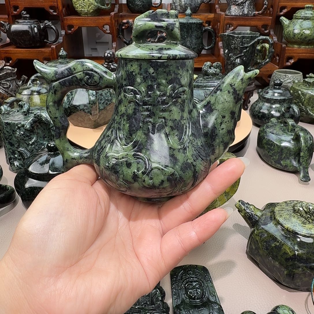 往***哥蛇纹石玉未镶嵌藏玉药王石茶壶