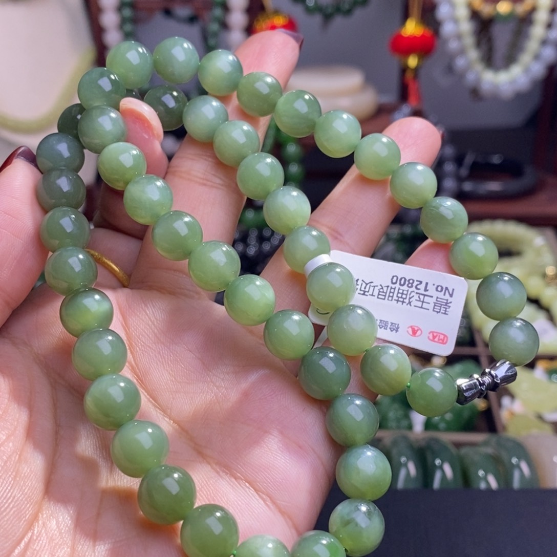 和田玉毕业级老矿料碧玉猫眼妈妈链10m未镶嵌