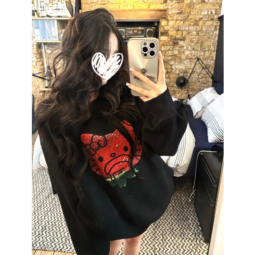 复古慵懒宽松设计感kt印花套头加绒卫衣女秋冬松弛感显瘦休闲上衣