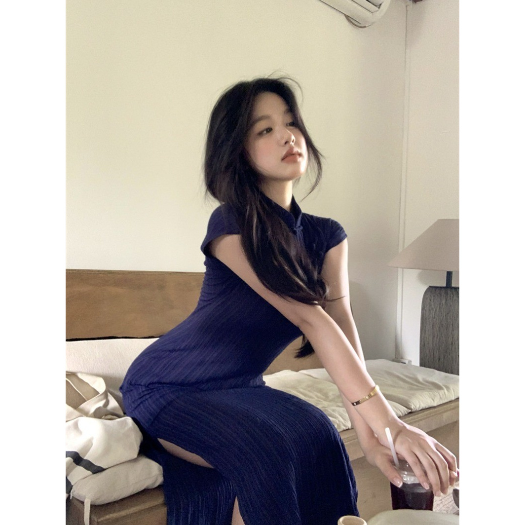 新中式女装改良旗袍长裙复古文艺气质独特国风藏青色连衣裙春夏装