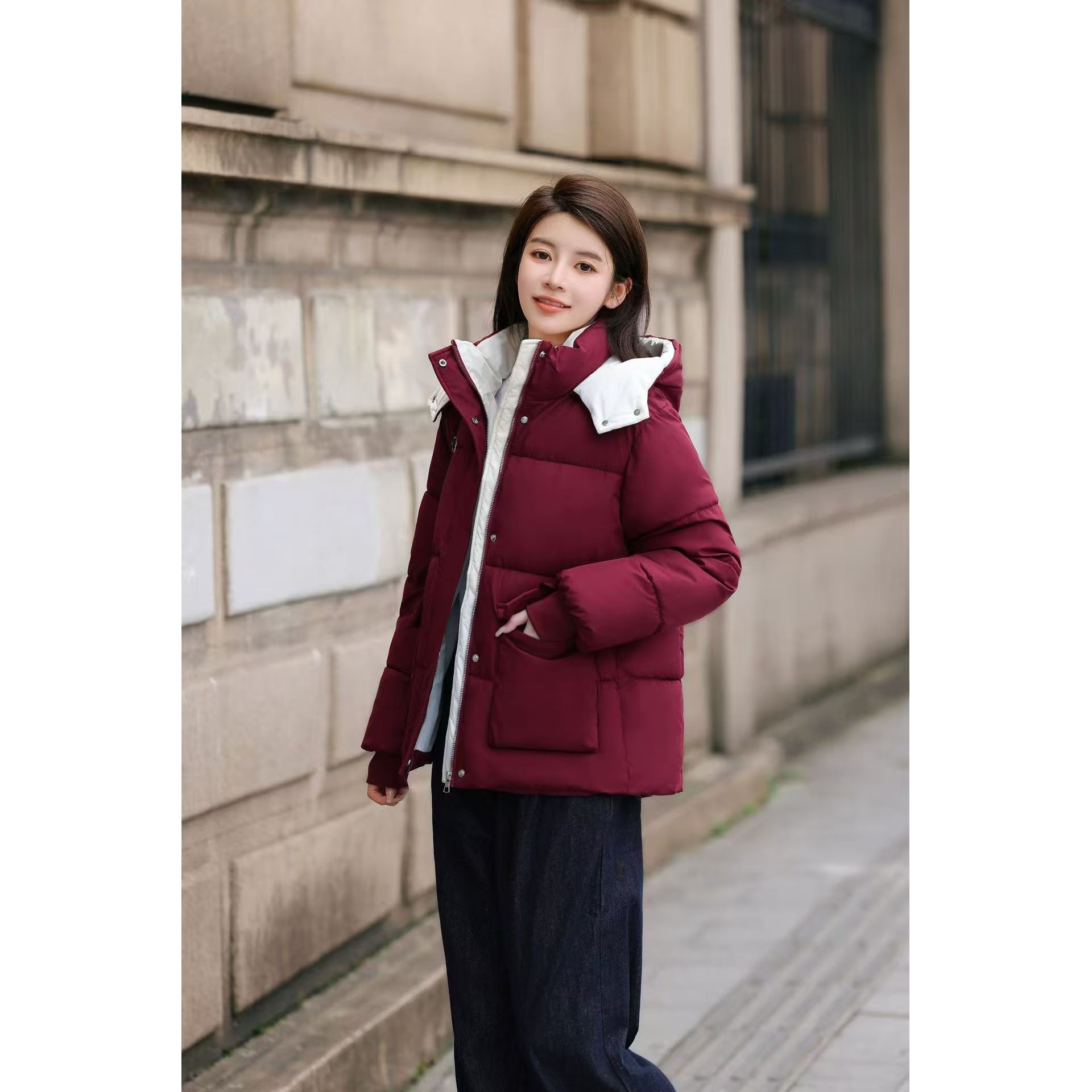 连帽修身型宽松型短款女棉服棉衣外套保暖休闲百搭666-J