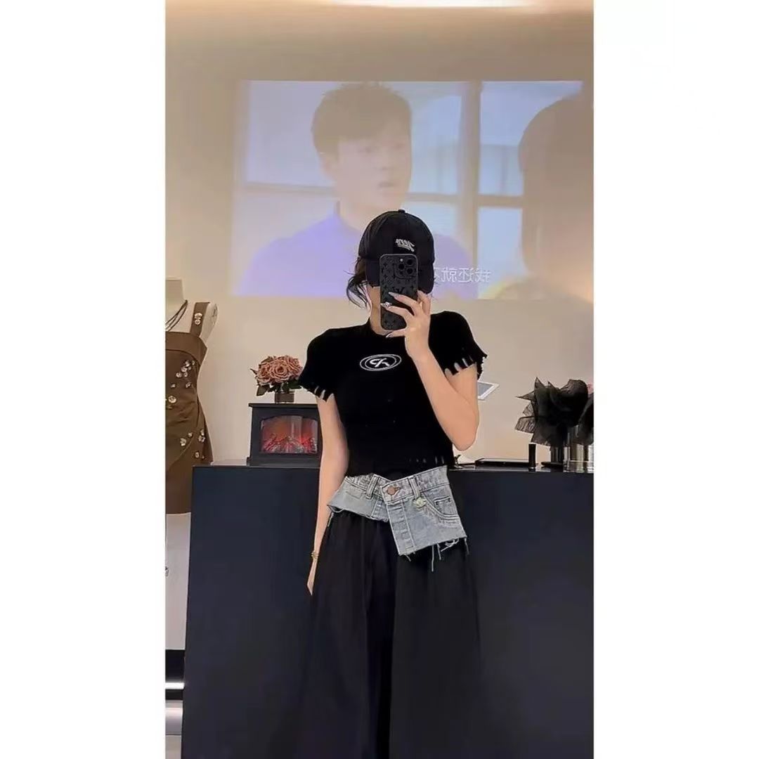 辣妹复古纯欲风短袖两件套女新款设计感小众拼接牛仔半身裙套装夏