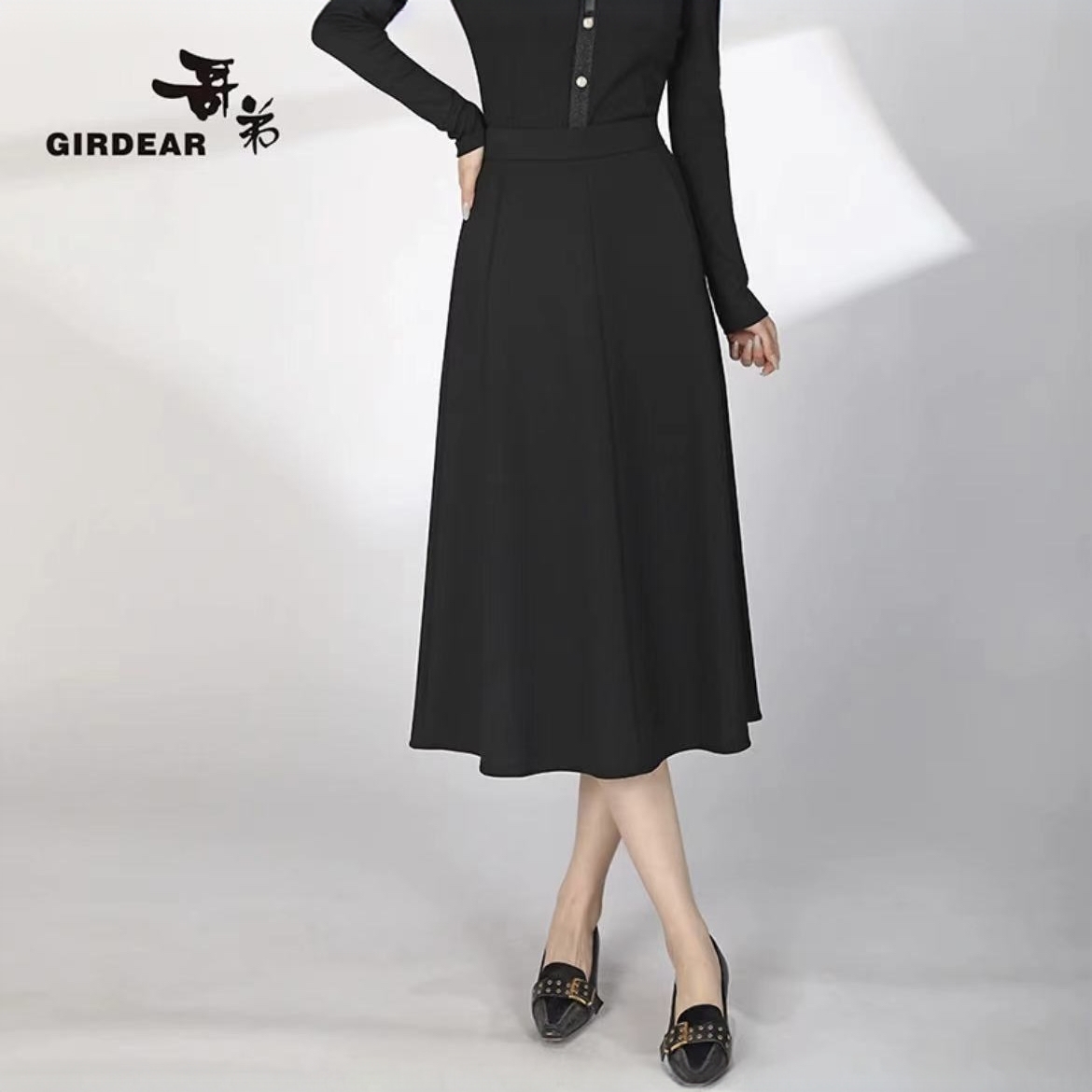 GIRDEAR/哥弟黑色法式高腰时尚气质中长款伞裙显瘦半身裙1200336