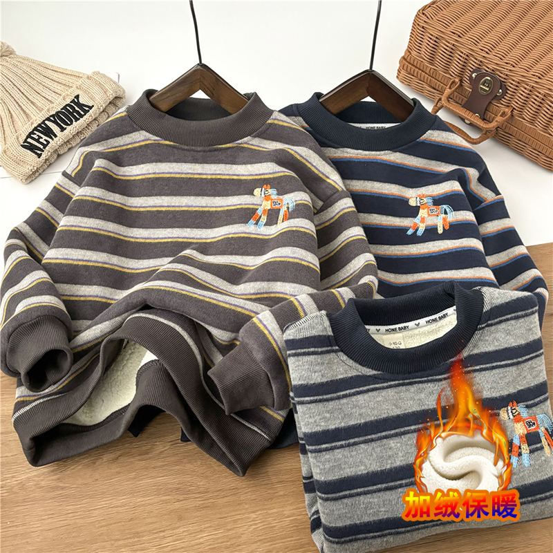 男童加绒条纹卫衣加厚秋冬新款半高领儿童保暖中大童打底男孩冬装