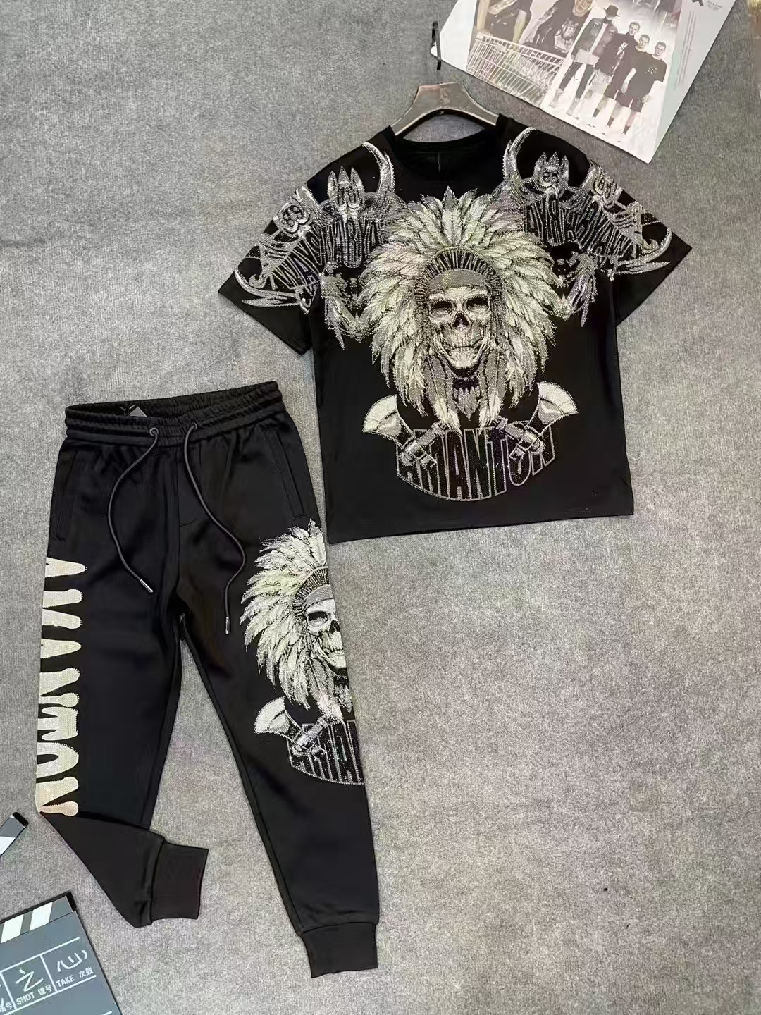 290-396烫钻印第安人T恤潮牌重工时尚百搭网红圆领满骷髅短袖套装