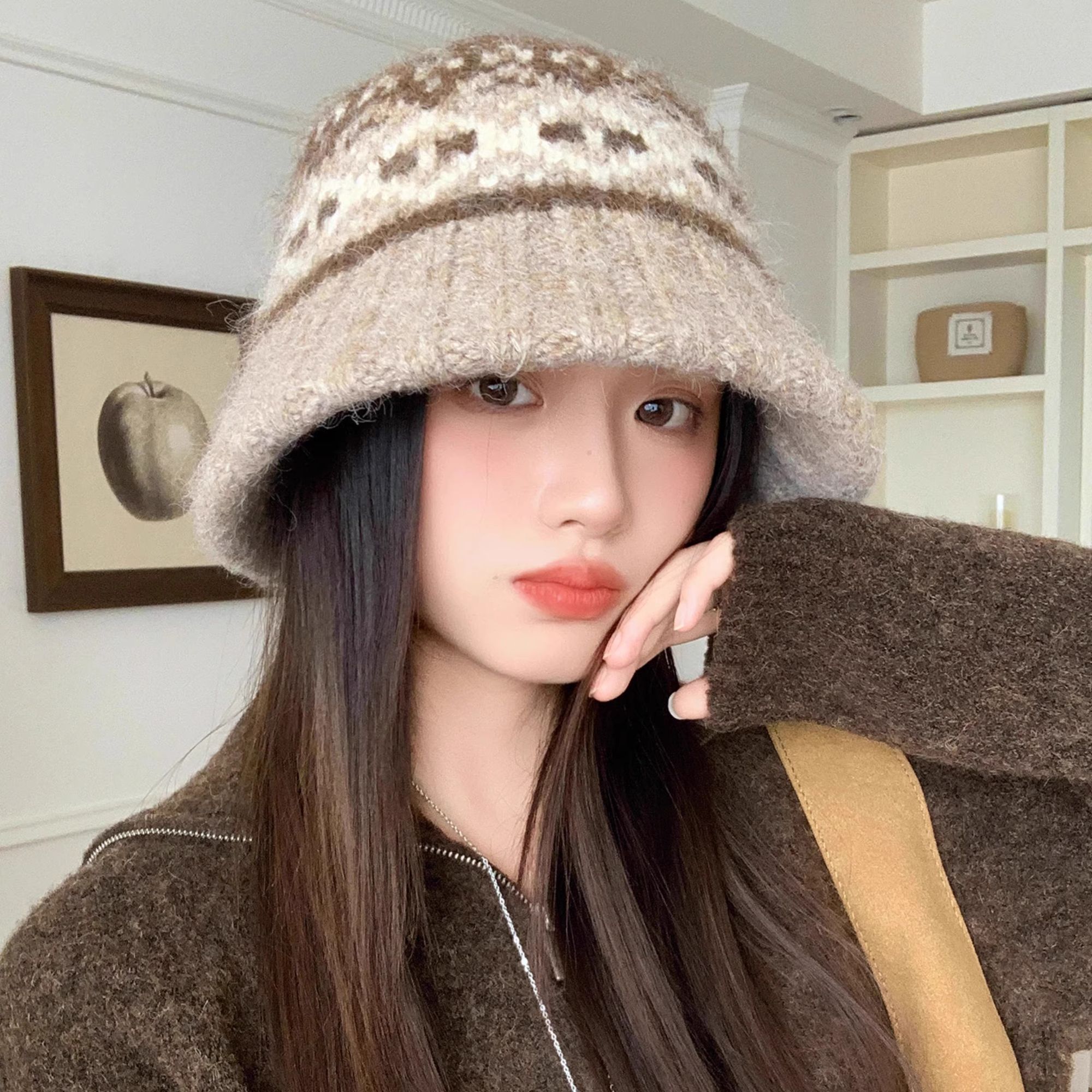 费尔岛风保暖护耳毛线帽女2025新款秋冬季帽子大头围百搭针织冷帽