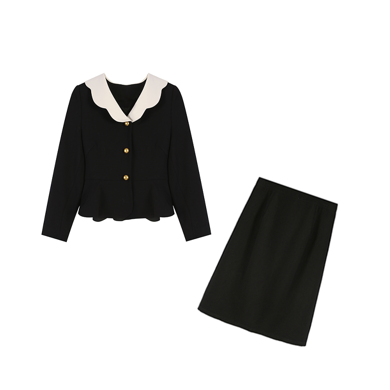 ZL104110黑色上衣+ZL36493黑色长半裙 两件套