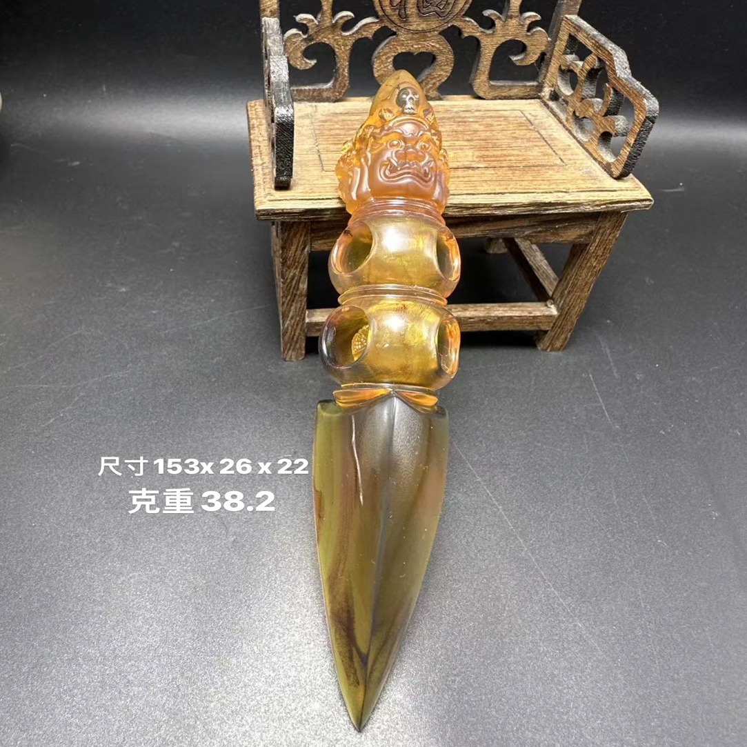 缅甸天然琥珀精工金棕雕刻降魔杵吊坠摆件