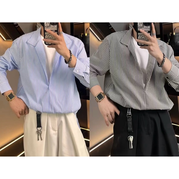 衬衣898男士早秋高品质假两件拼接设计大V领竖条纹套头衬衫衬衣
