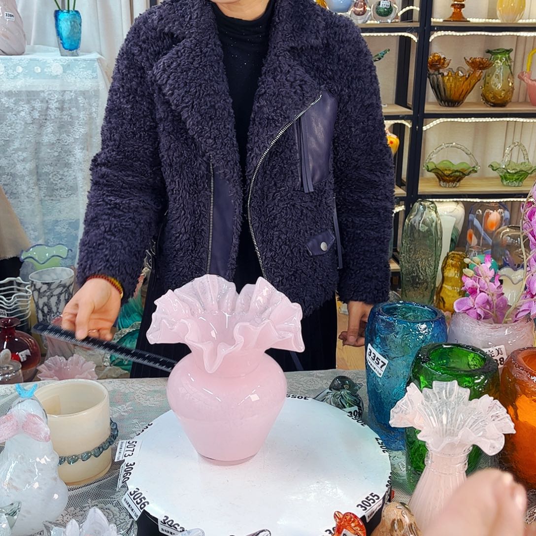百褶瓶粉家悦琉璃花器摆件不完美