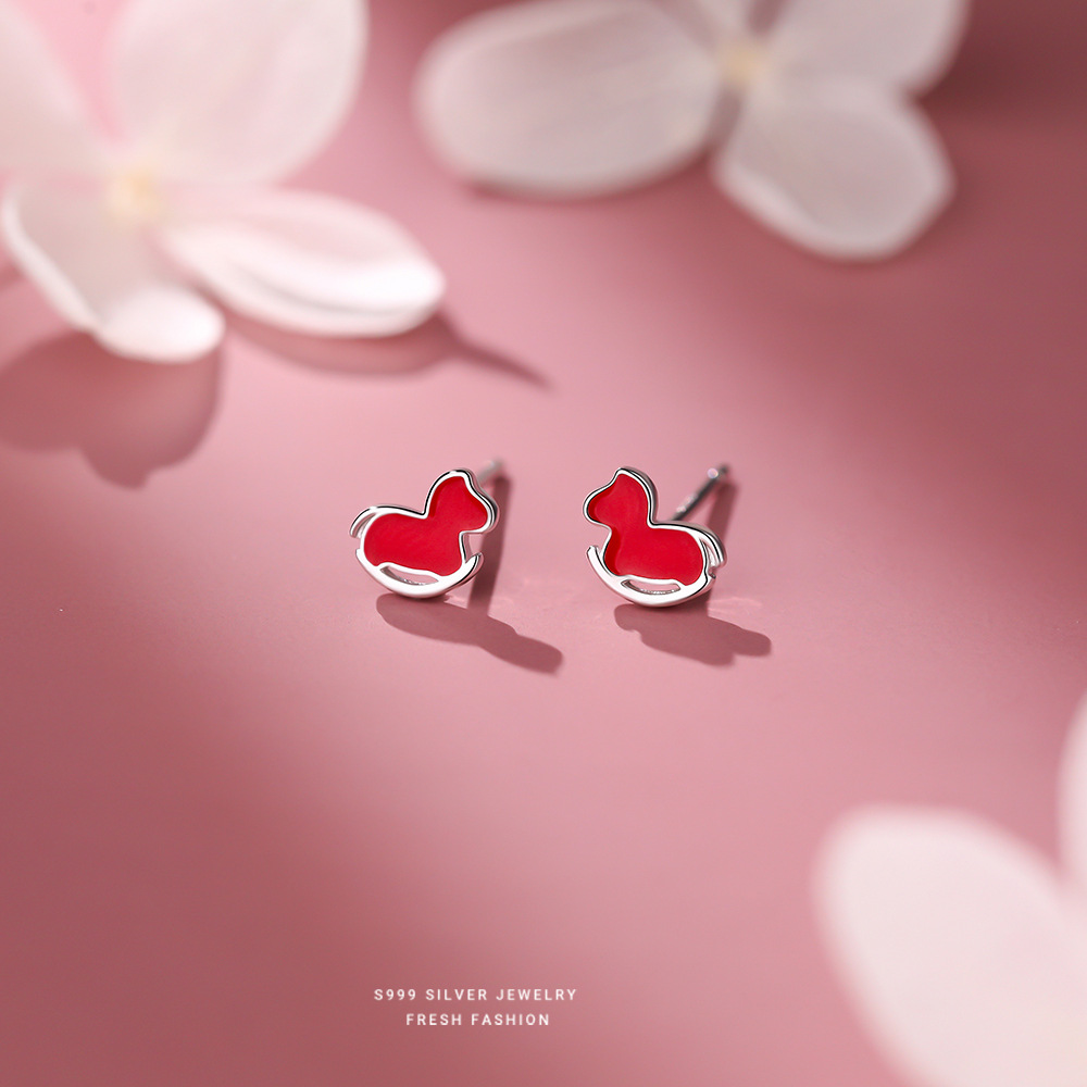 足银耳饰 999足银木马耳钉女2026年新年生肖马耳饰百搭耳骨钉