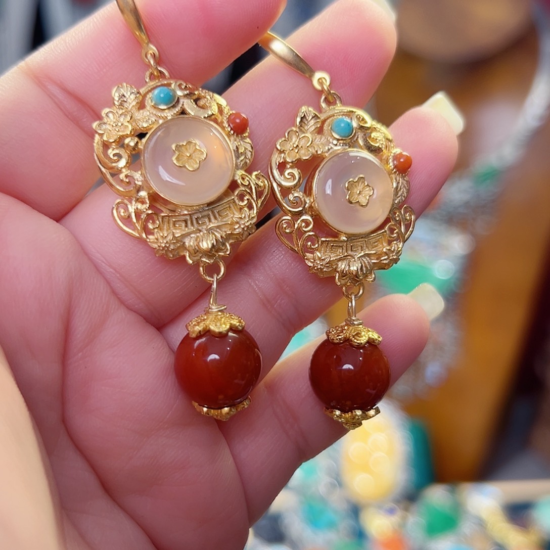 南红玛瑙银S925镶嵌挂件耳环