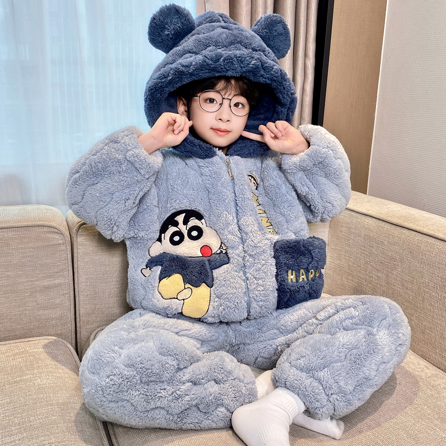 bejirog/北极绒小男孩卡通动漫冬季珊瑚绒三层夹棉男童睡衣两件套
