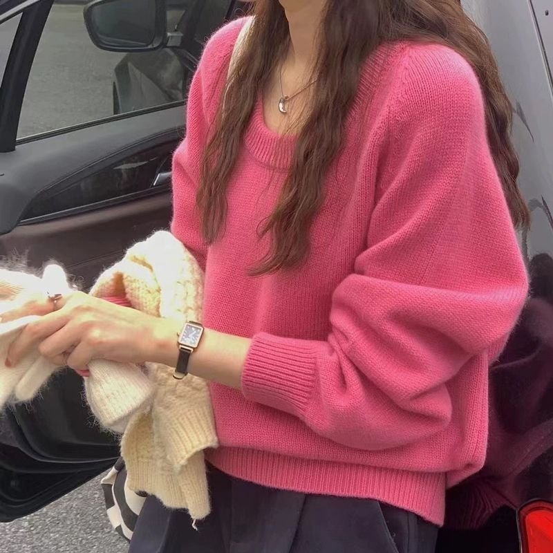 纯色宽松低圆领毛衣女秋冬新款时尚设计感百搭外穿针织打底衫上衣