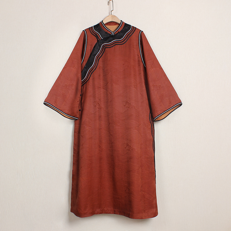 【旖奚】复古新中式香云纱桑蚕丝全开襟旗袍袍子提花斜襟气质重磅