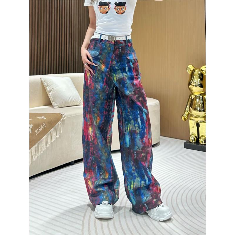 DA971【艺术感油画休闲裤】女春季新款显瘦彩色宽松阔腿休闲裤
