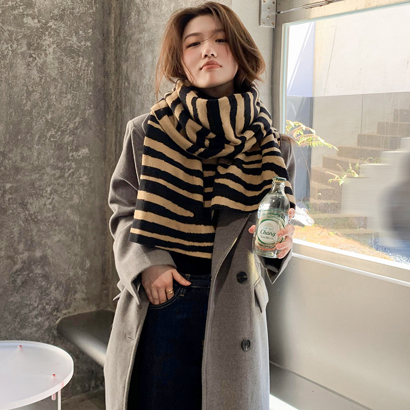 秋冬法式针织复古斑马纹网红情侣学生保暖加厚百搭围巾