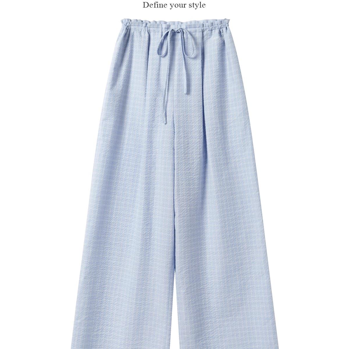 羊城故事 -藏青格子抽绳休闲裤2025夏季新款百搭直筒裤Y50450007