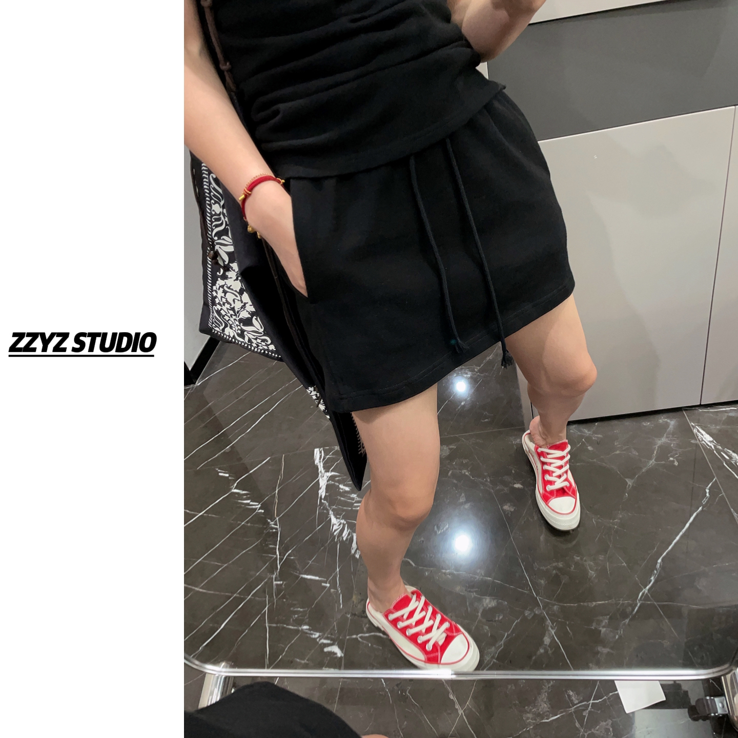【ZZYZ】“休闲黑巧”休闲抽绳高腰显瘦防走光里衬全松紧腰短裙裤