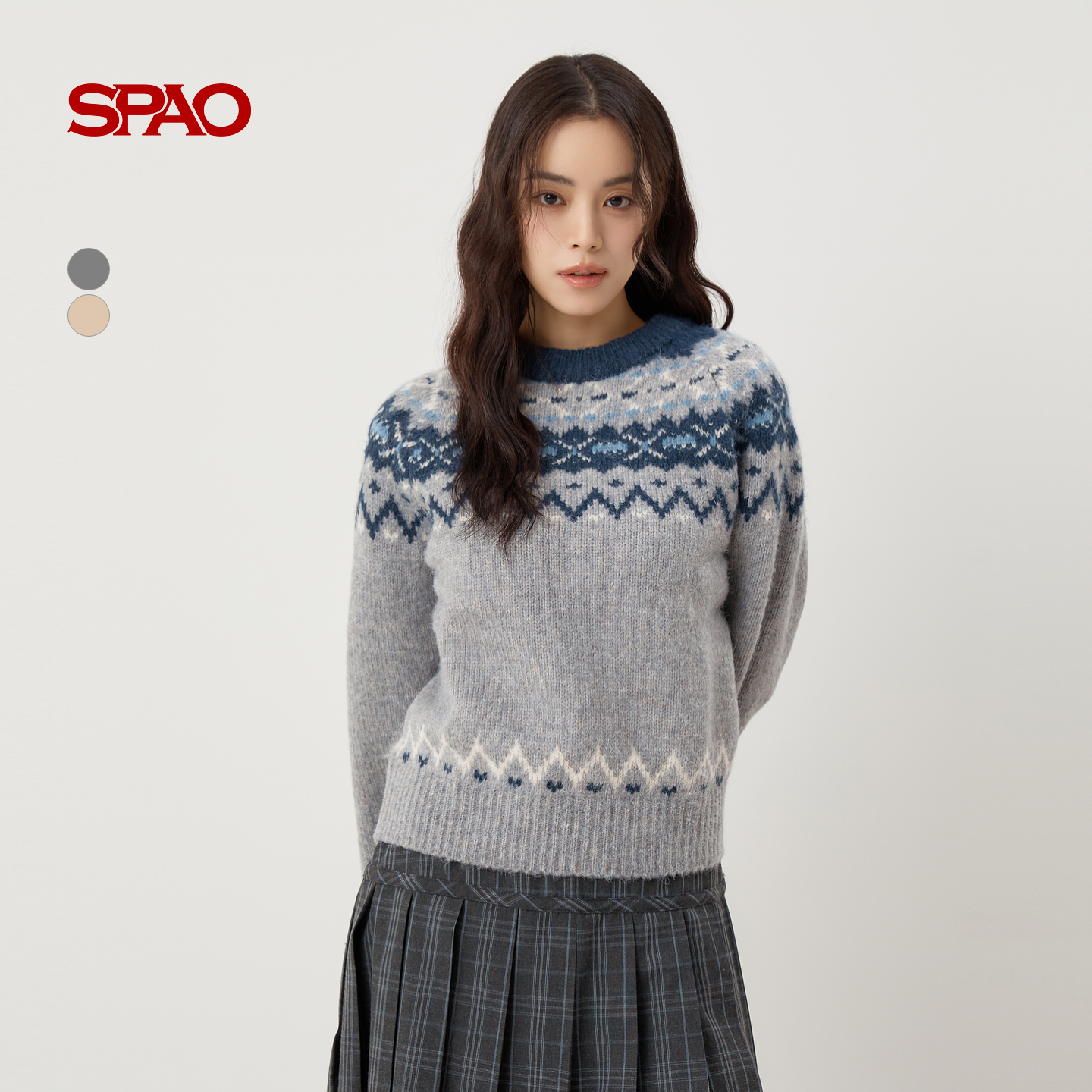 SPAO韩国同款2025年冬季新品女士时尚费尔岛风套头毛衣SPKWF4VGY1