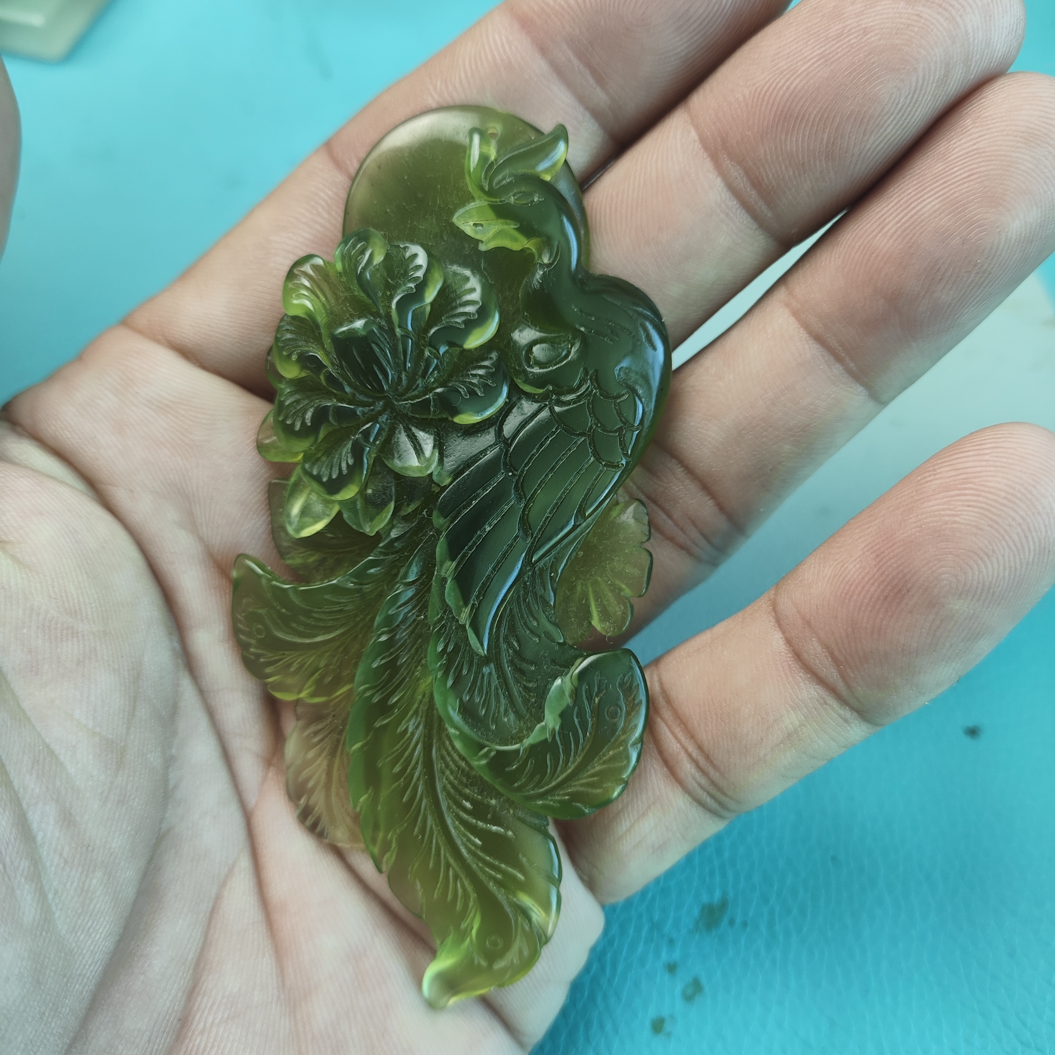 精品手工雕刻花玉凤凰挂坠吊坠意境优美岫玉手工雕刻