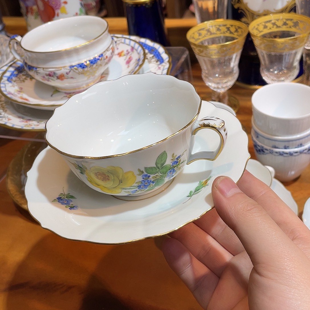 瓷片中古四杠黄玫瑰红茶杯