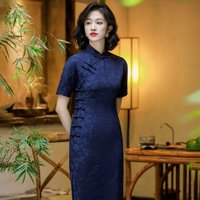 蓝色旗袍夏季新款复古中国风提花日常改良长款妈妈连衣裙24193