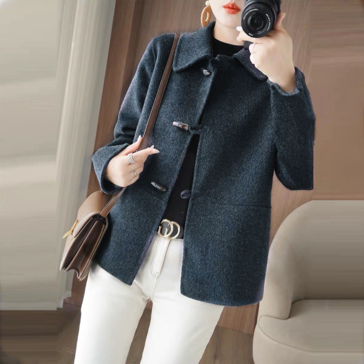 2025秋冬新款双面呢呢子大衣女短款韩版牛角扣双面绒时尚毛呢外套