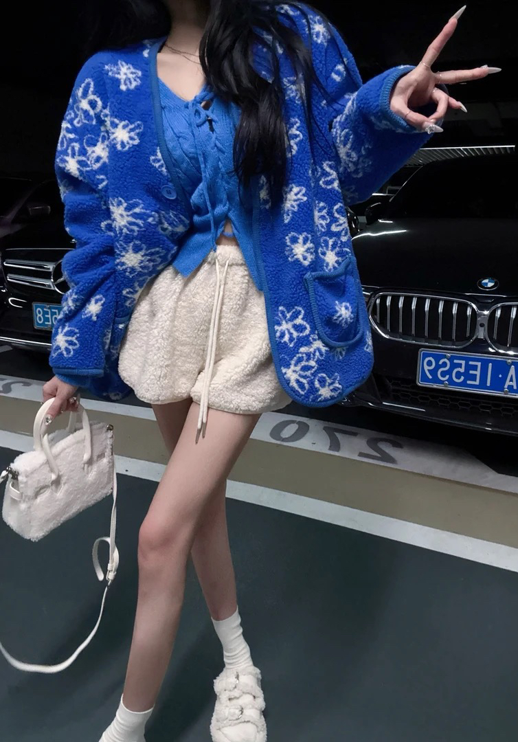 【XU•JING】蓝色花朵毛毛外套