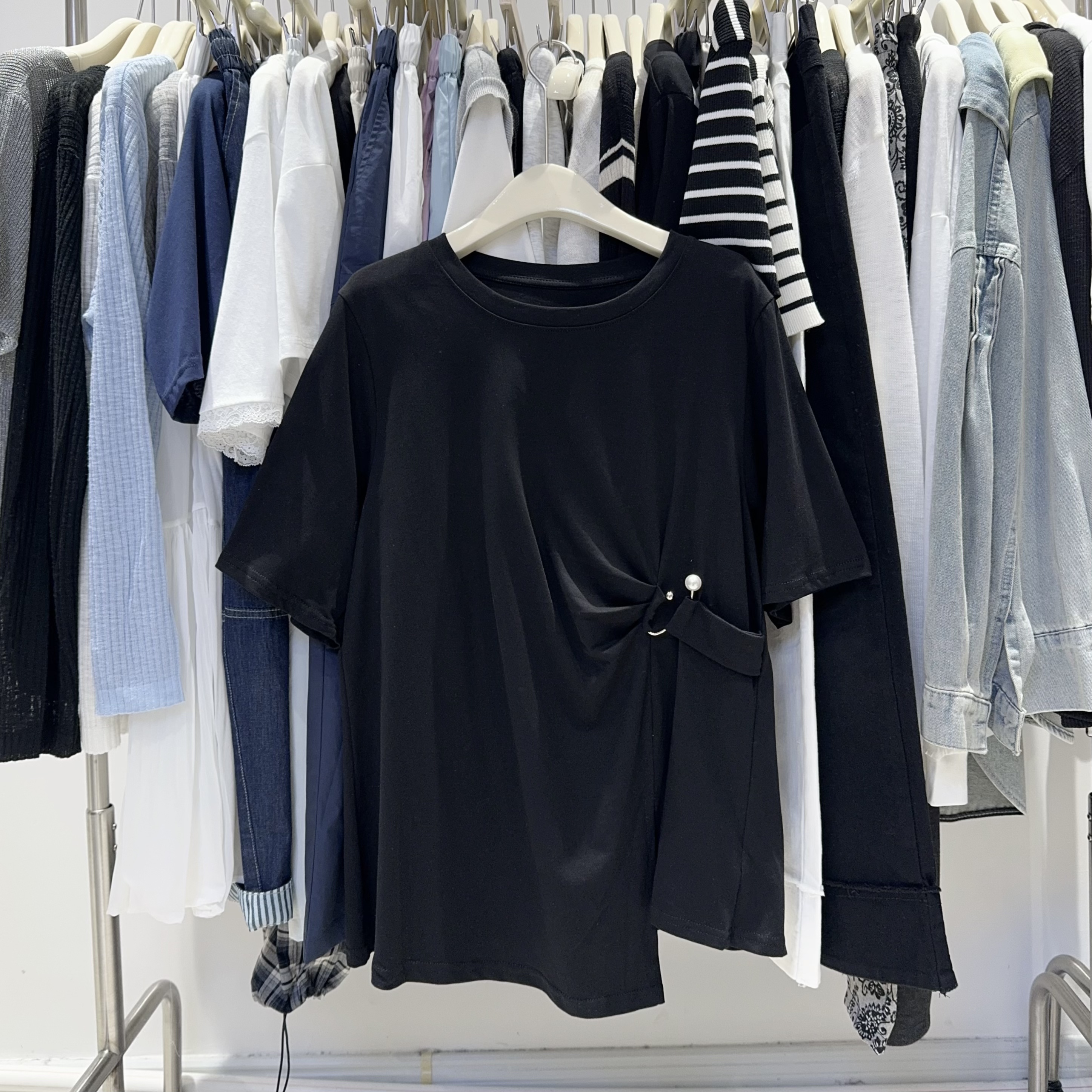 （十八家）8028新款小珍珠开叉短袖