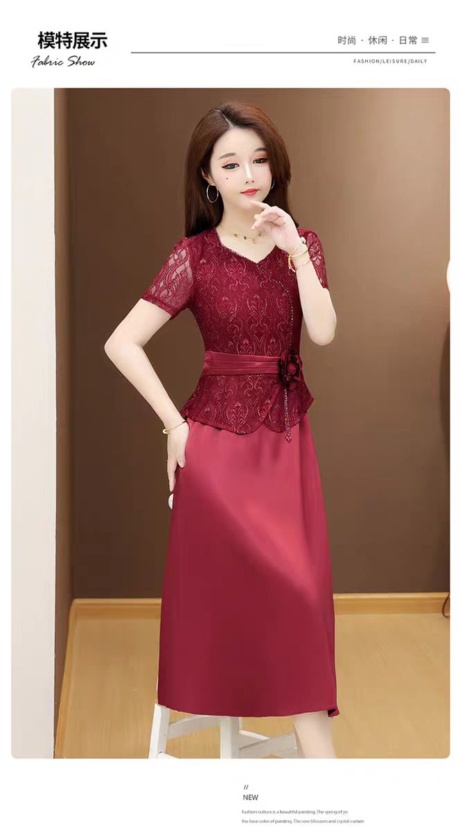 梦珍妮2025夏季新款红色喜婆婆短袖连衣裙中长款假二件套婚宴礼服