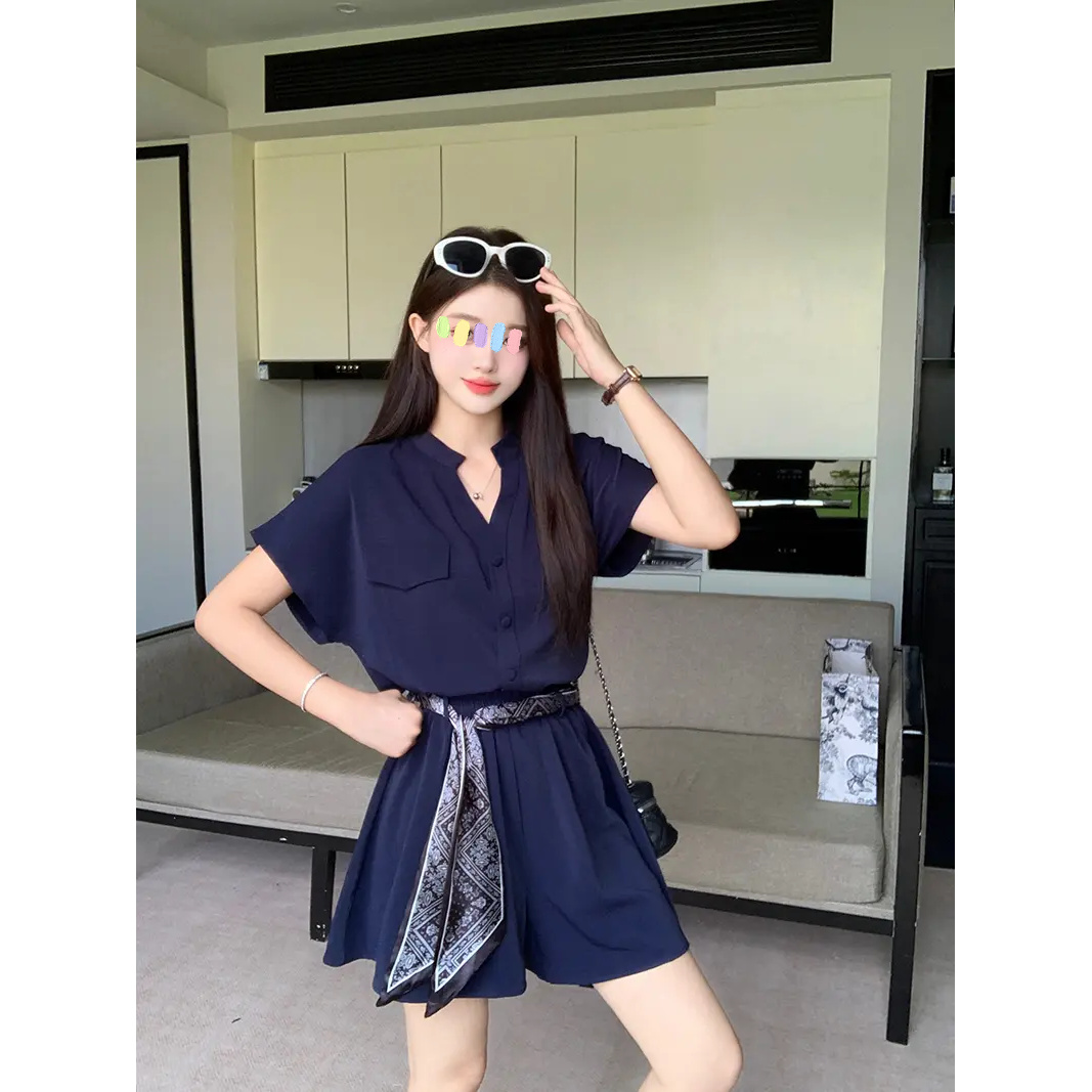 【三件套】大码显瘦夏新女装气质时尚v领短袖小衫飘带高腰短裤套装