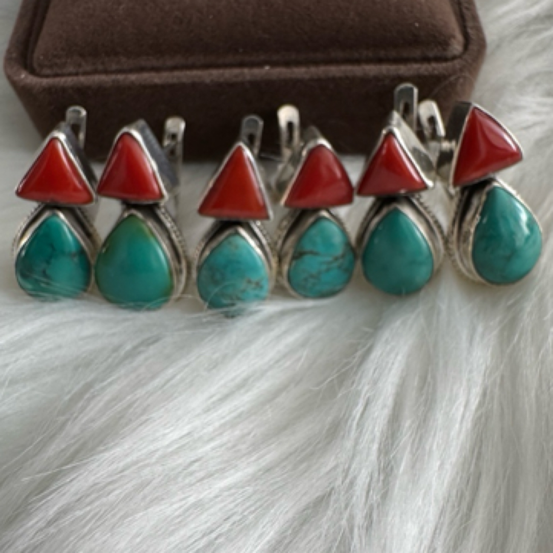 925银银制品 手工镶嵌真旭日蒙古元素耳坠