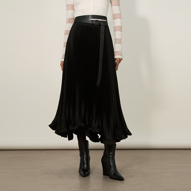 ANMANI恩曼琳25秋季新款黑色缎面压褶高腰气质伞裙半身裙ERA7Q02A