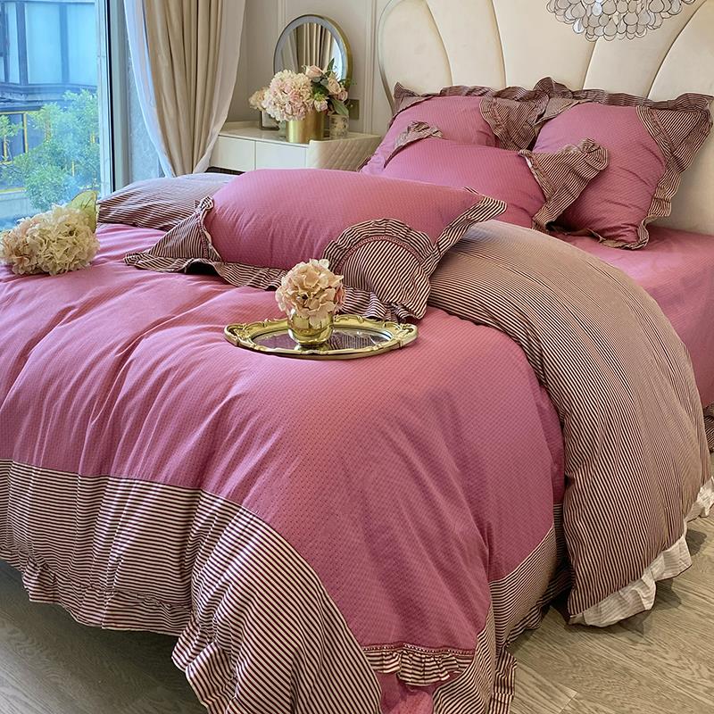 韩式复古风100全棉高级感四件套撞色花边被套田园风床单主卧床品4