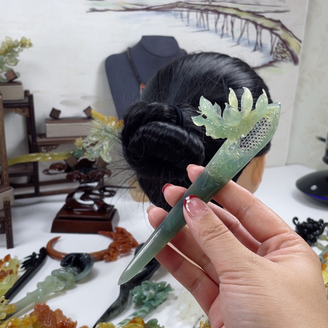 岫玉发饰未镶嵌暮**晓岫玉上上签花阁发簪