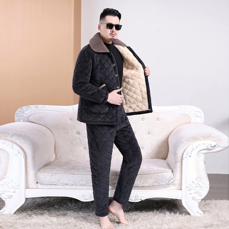 男士冬季三层加厚加绒夹棉保暖家居服睡衣