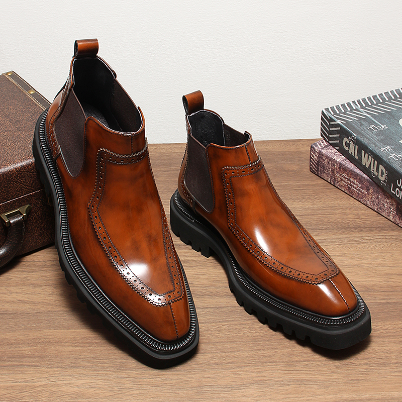 新款切尔西短靴头层牛皮开边珠工艺百搭款超轻大底