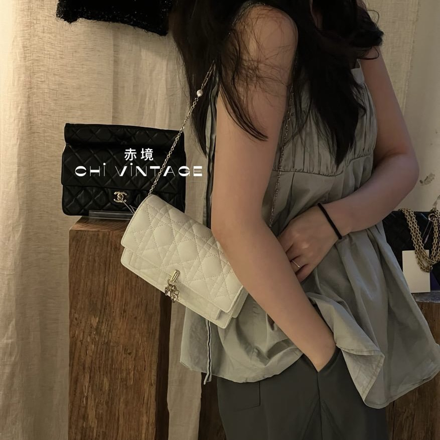 95新 DIOR/迪奥 1325 白金daily珍珠链条手拿单肩包22