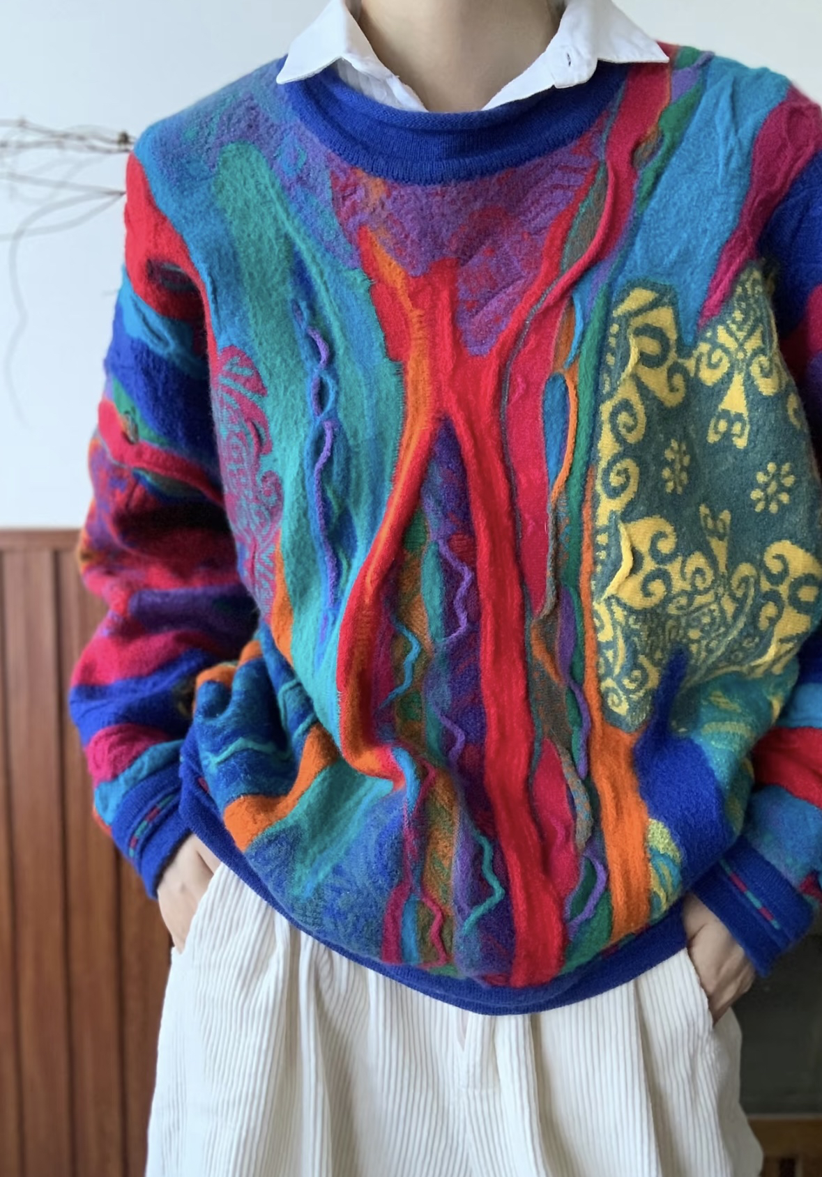 【459-899】兔总vintage古着费尔岛苦瓜纹开衫摩天轮毛绒绒毛衣秋冬