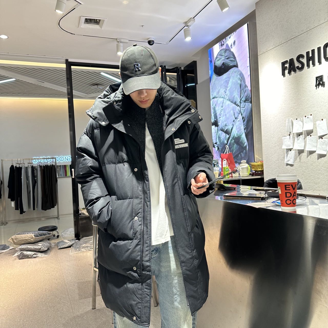 美式潮牌可脱卸帽重工刺绣英文中长款外套