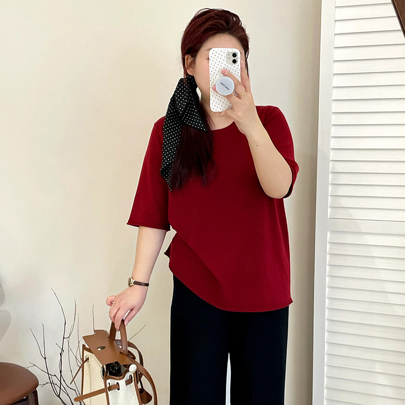 【涵胖胖】清*闲百搭圆领短袖上衣2025秋季新款胖mm宽松针织衫23207