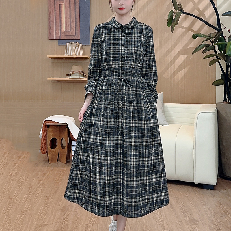 专柜金标系列-2025秋季韩版千鸟格连衣裙毛呢长裙子2615