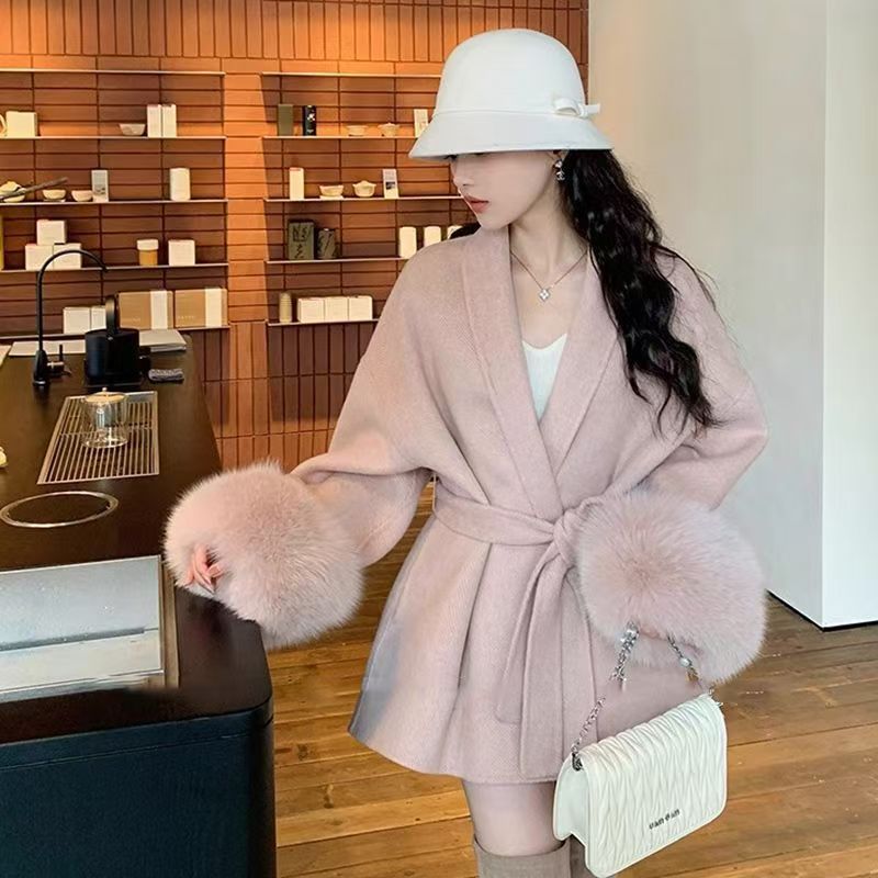 2025年秋冬羊毛绑带外套双面新款羊毛宽松大衣高级款短款大衣