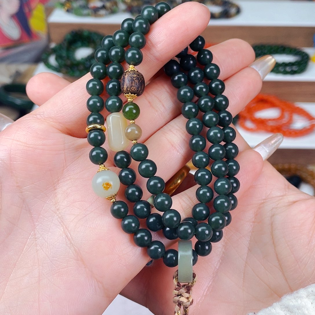 和田玉6mm沙枣青三圈设计款未镶嵌