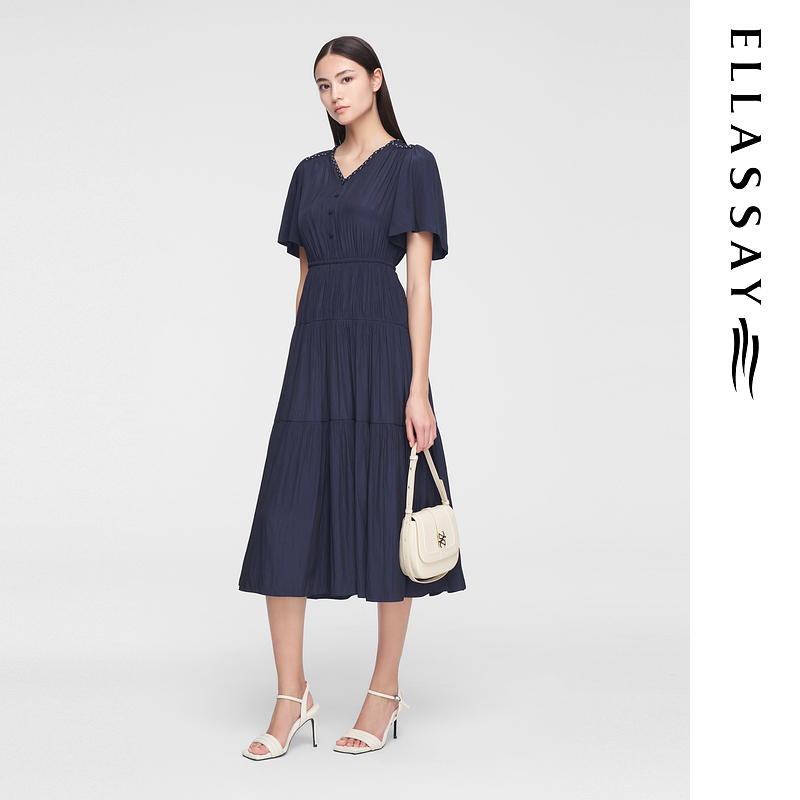 ELLASSAY歌力思夏季气质V领收腰中长款连衣裙女EWW352Y06700