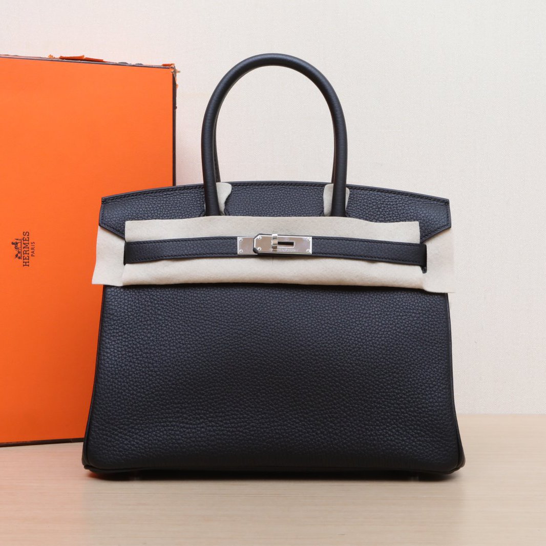 未使用 Hermes/爱马仕 小花6欢 Birkin30 89黑色Togo皮 B刻银扣包