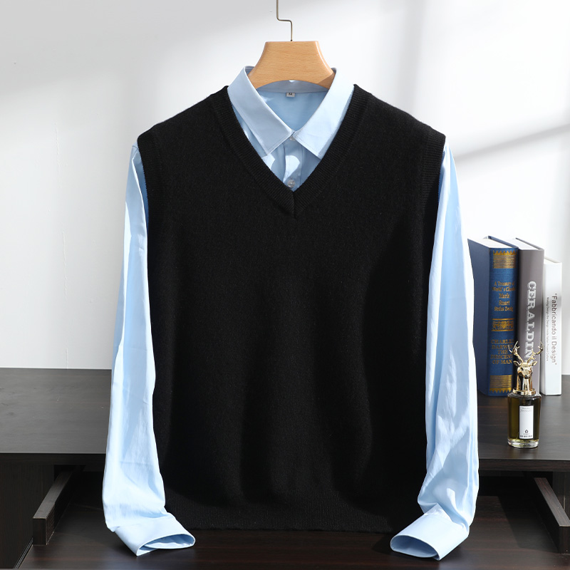 【MUFENGYI】100%纯山羊绒马甲V领260克男士秋冬时尚针织纯色背心